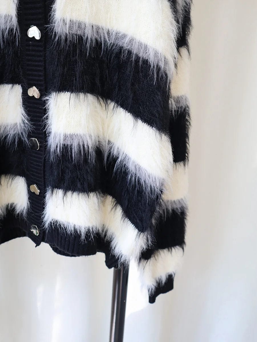 Free / Black Fall spring ladies casual striped faux mink fur knitted cardigan V neck women sweater jacket coat cardigan