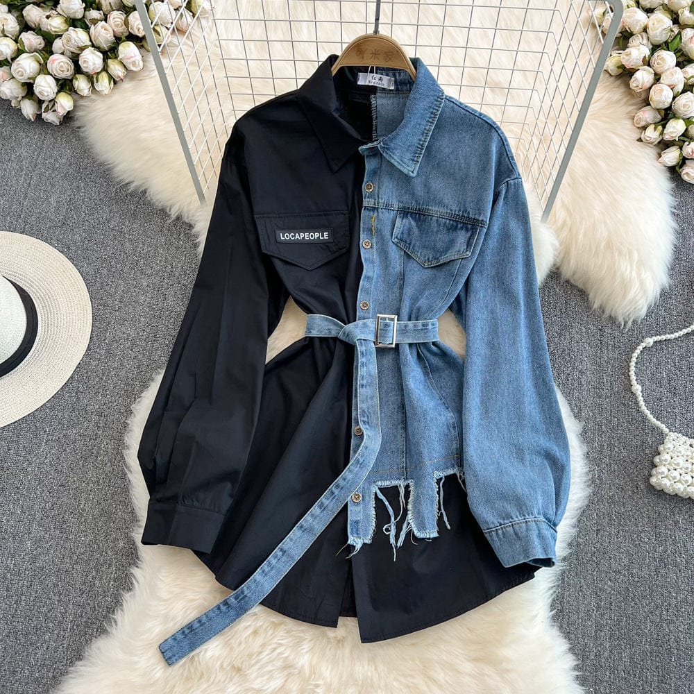 Free / black In Stock 2023 Hot Sale Splicing Lapel Dress New Design Patchwork Jacket Women Long Jeans Denim Top Shirt Ladies' Blouses Shirt