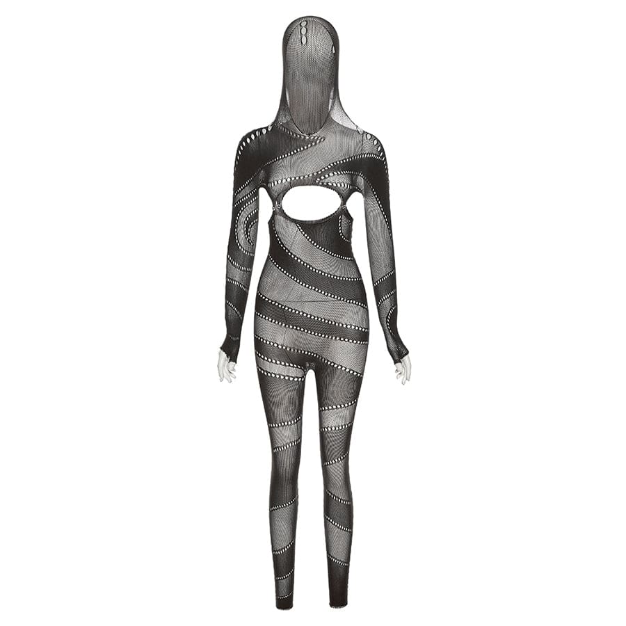 Free / black Kliou W22Q23279 women romper sexy night wear women clothing bodysuit one piece ladies jumpsuits see through long sleeve jumpsuit