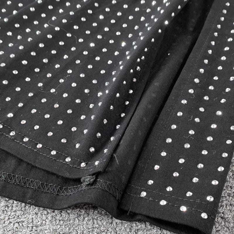 Free / Black One size High waisted sexy buttocks split hot diamond skirt Standing collar sleeveless vest Mid length skirt two-piece set