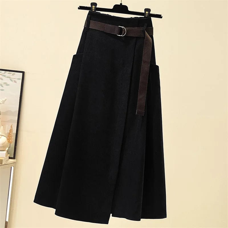 Free / Black One size New High Waist Umbrella skirt Large Swing Long skirt  Irregular Loose A-line Half length Straight  skirt  +Belt