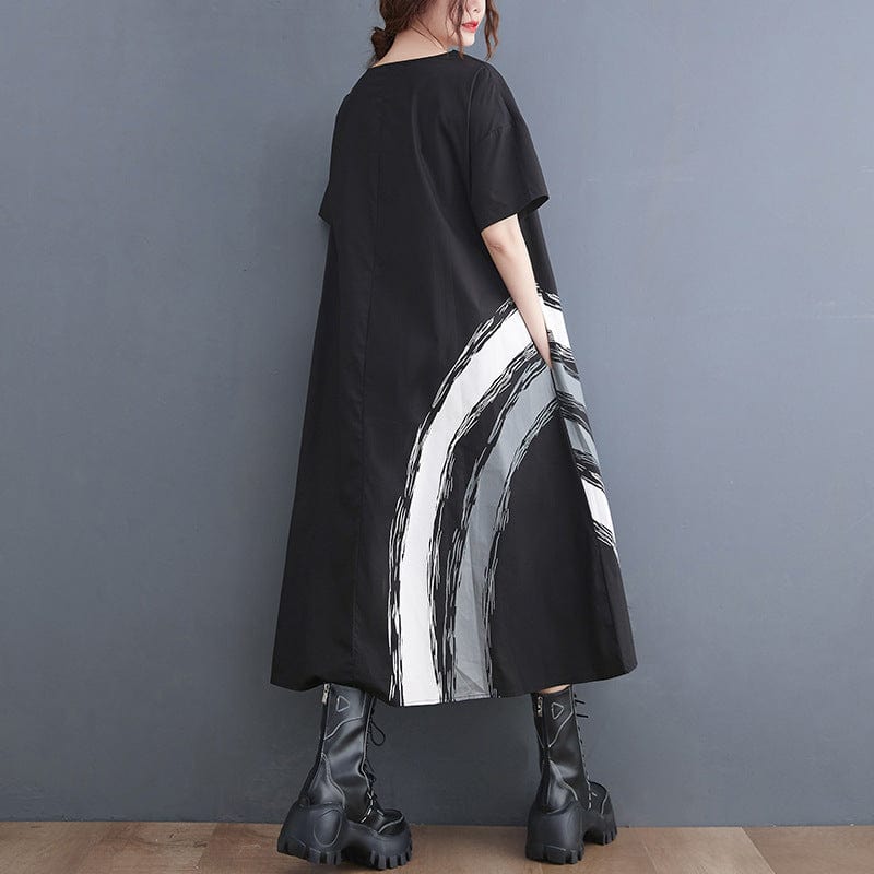 Free / black One size Xia Han Version New Loose Fit Large Fashion Printed Round Neck Mid length Dress