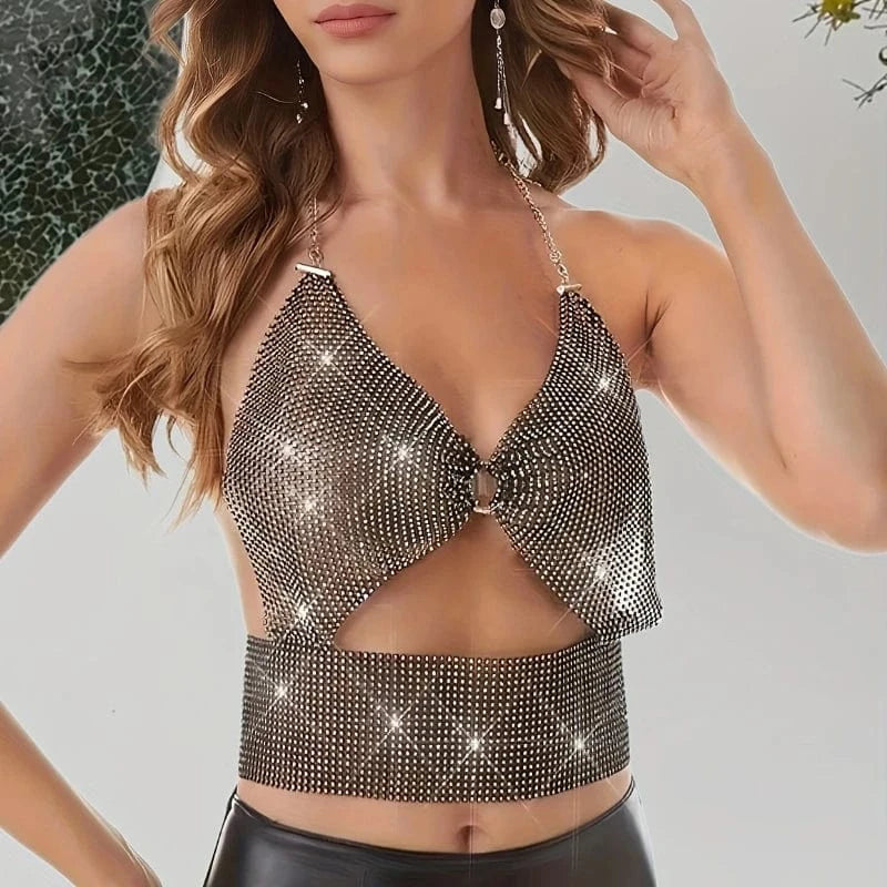 Free / Black Rhinestone Halter Neck Backless Top, Sexy Sleeveless Cropped Party Top, Women's Clothing