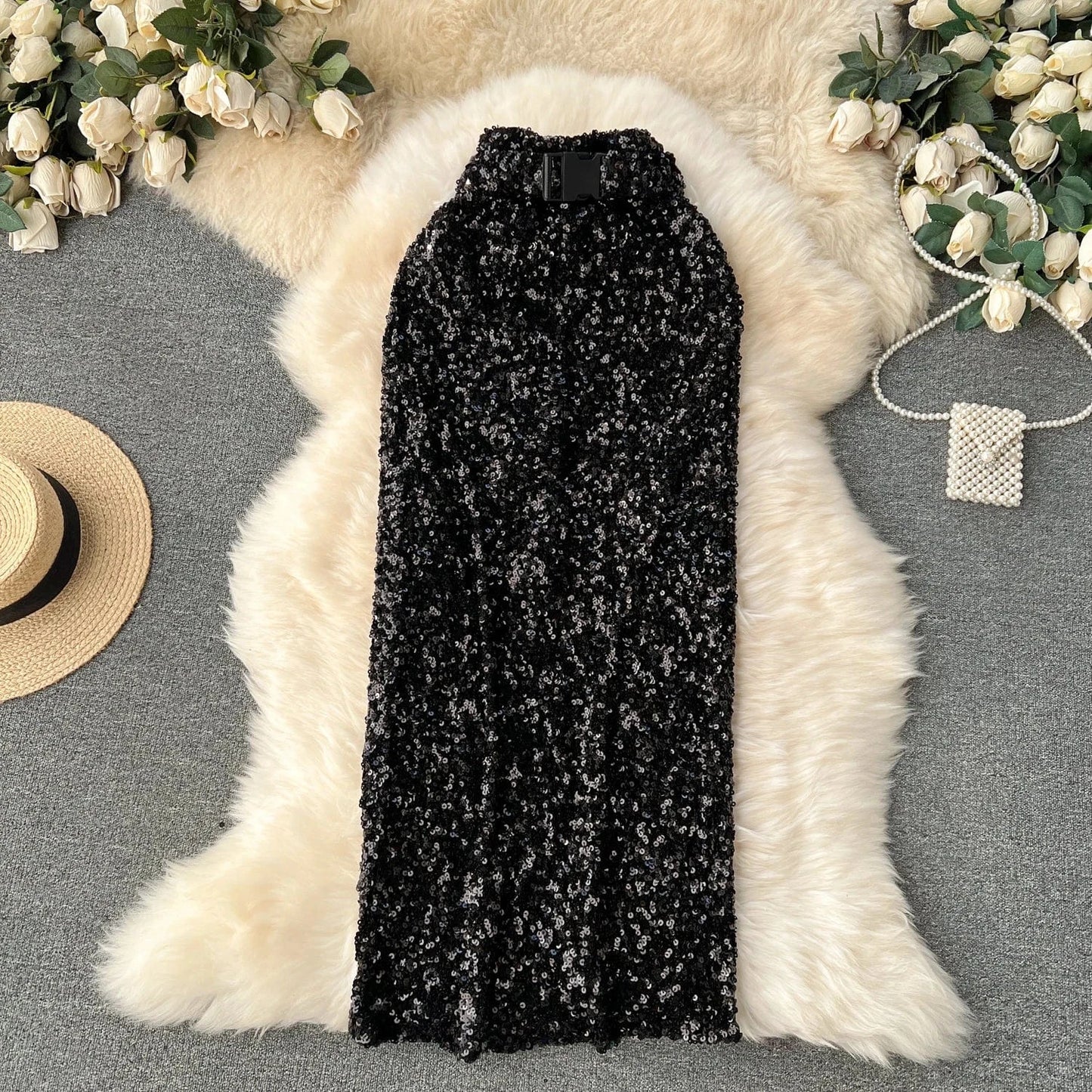 Free / Black Royal Sister Wears Women's Instagram High Quality Shining Skirt with Belt Slim Fit Full Length One Step Skirt
