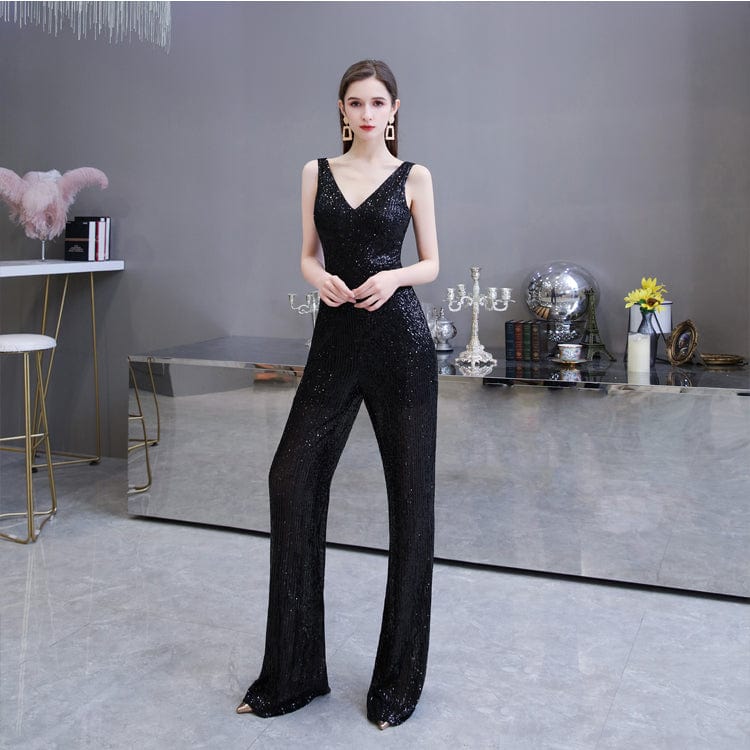 Free / black Sexy Fashion Sleeveless V Neck Sliver Sequin Jumpsuit Woman Club Bodysuit