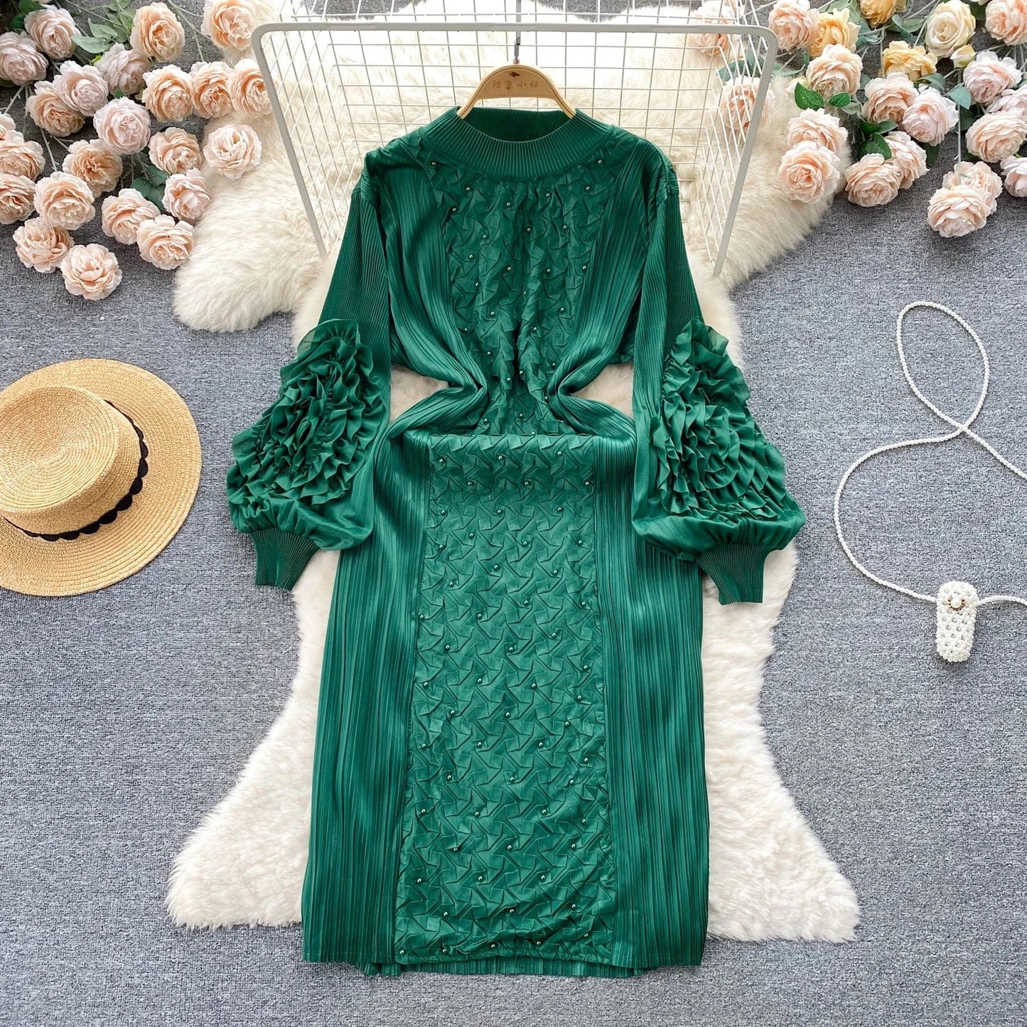 Free / blackish green Clothing 2024 Spring New Solid Color Embroidered Crew Neck Long Sleeve Elegant Loose Women's Dress
