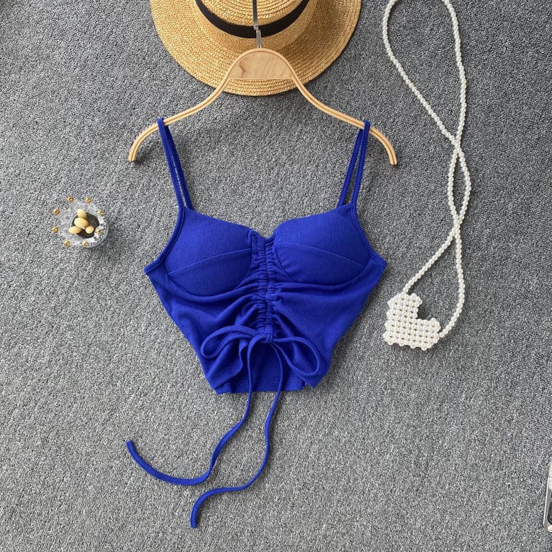 Free / Blue 2022 Amazon Top Seller Women Summer Simple spaghetti strap tank top Drawstring knit women y2k crop tops