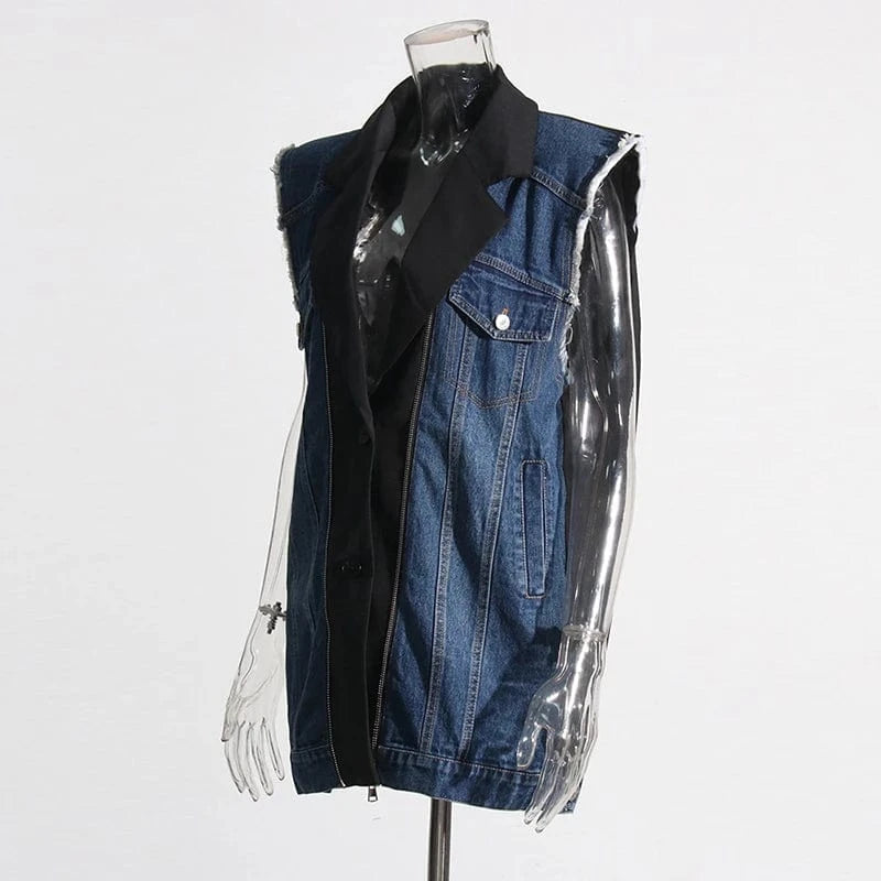 free / Blue CHICEVER Winter Sleeveless Patchwork Button Denim Material Jackets For Women 2023