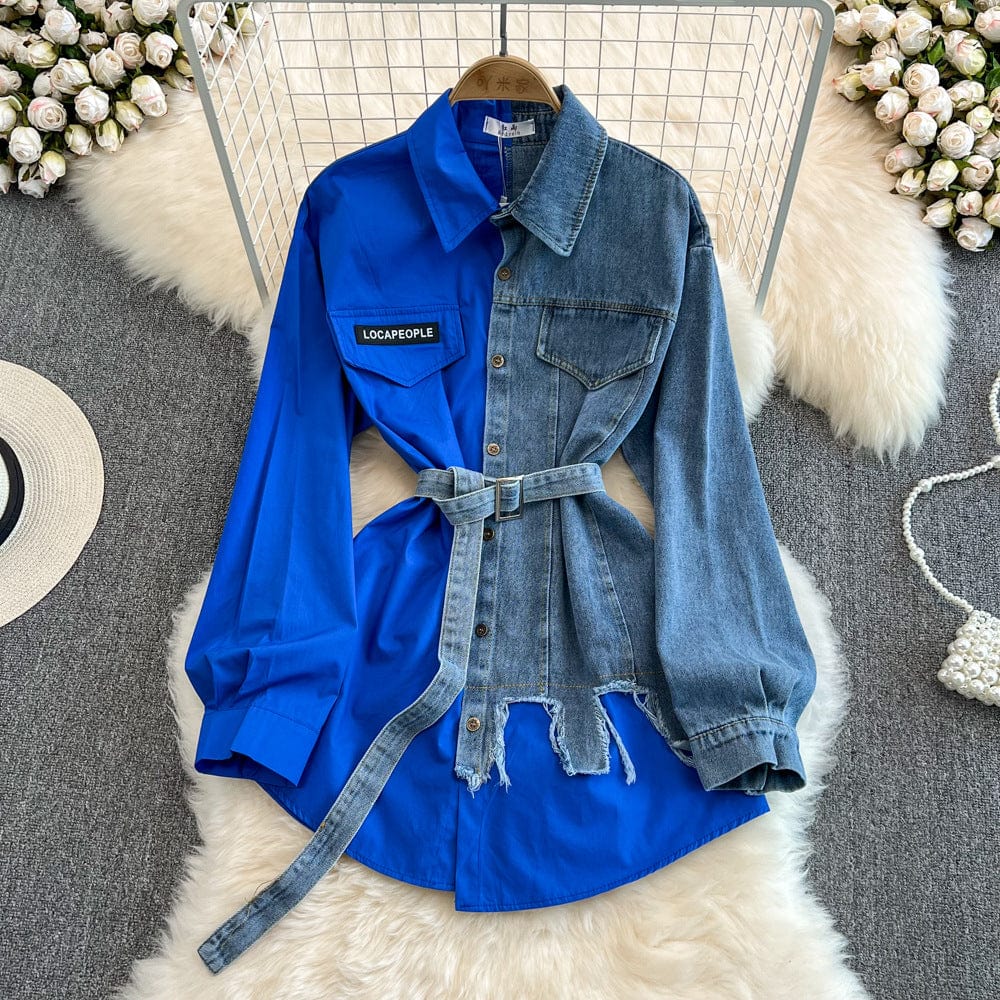 Free / Blue In Stock 2023 Hot Sale Splicing Lapel Dress New Design Patchwork Jacket Women Long Jeans Denim Top Shirt Ladies' Blouses Shirt