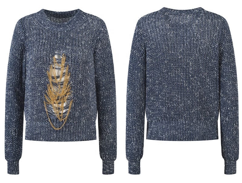 Free / Blue OUDINA 2022 Winter Unique Design Vintage Loose Chain Thick Ladies Sweater Pullover Sweaters For Women