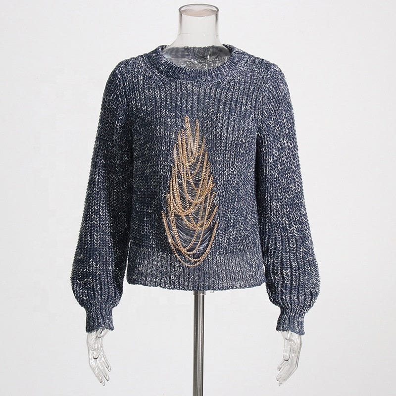 Free / Blue OUDINA 2022 Winter Unique Design Vintage Loose Chain Thick Ladies Sweater Pullover Sweaters For Women