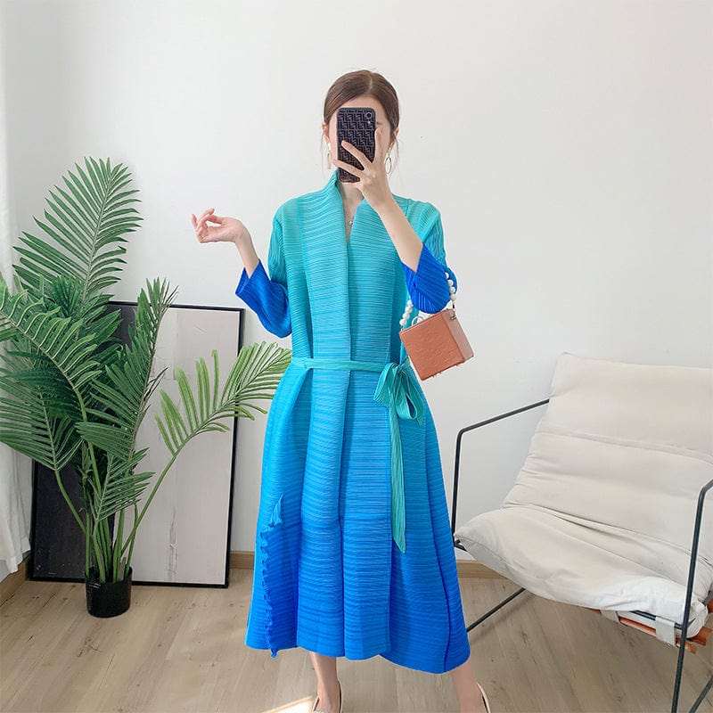Free / Blue OUDINA New Fashion Loose Gradient Color Plus Size Long Casual Elegant Womans Dress Abaya Pleated For Dresses