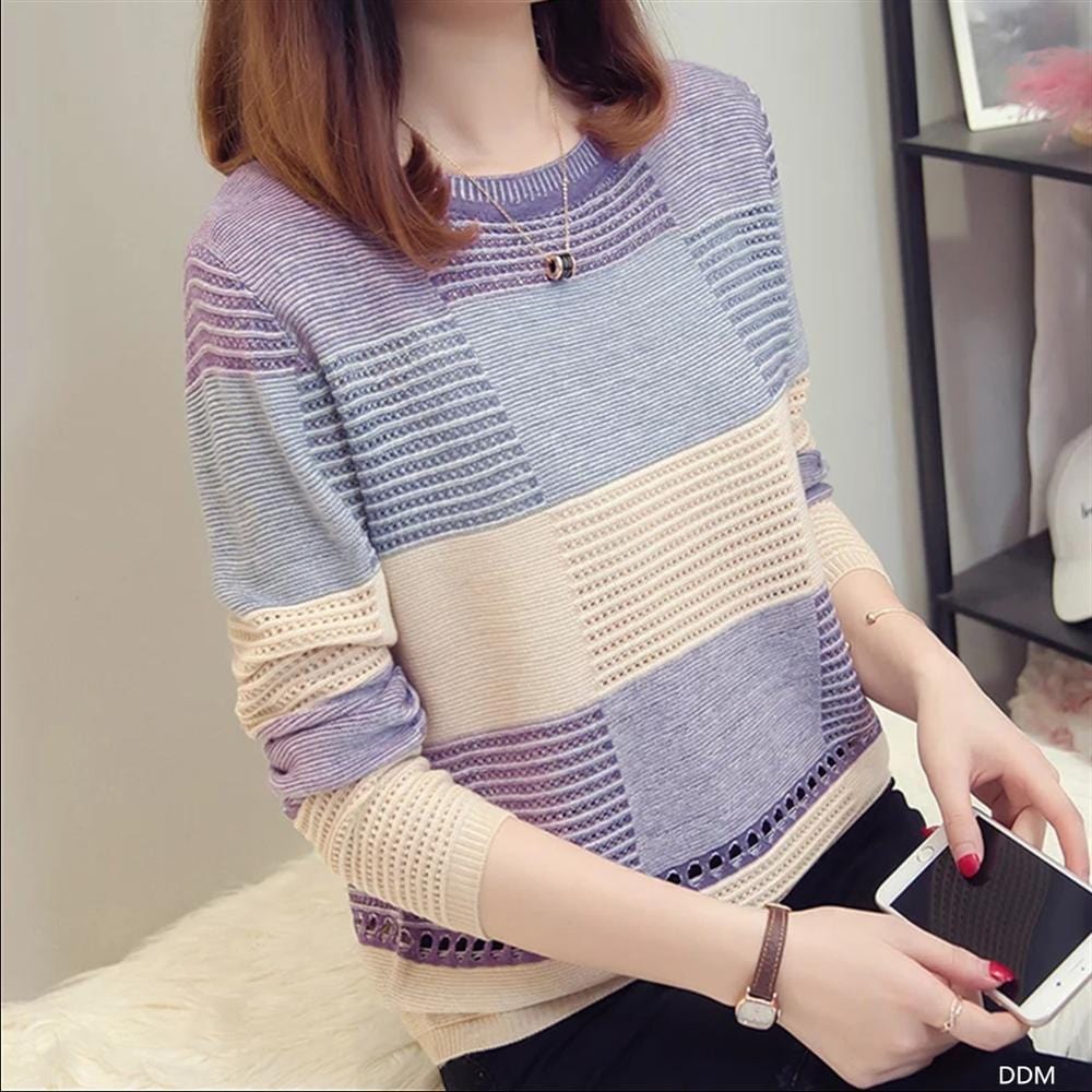 Free / Blue Patchwork Color Block Crew Neck Long Sleeve Mesh Autumn Sweater Women Knitted Fashion Loose Casual Pullovers On Sale Shirts