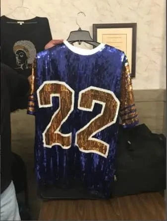 Free / Blue Sequin Long O Neck T shirt Party Club Top Loose Clothes Blue gold number 22 Sorority SGR Sequin T Shirt Clothing