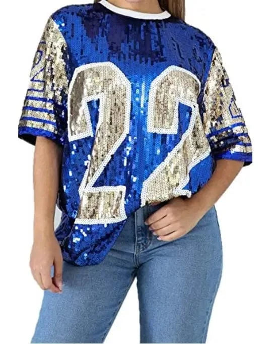 Free / Blue Sequin Long O Neck T shirt Party Club Top Loose Clothes Blue gold number 22 Sorority SGR Sequin T Shirt Clothing