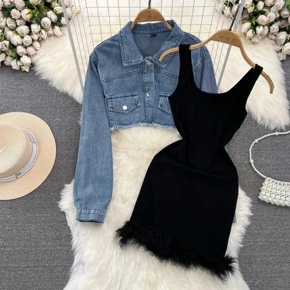 Free / Blue Women's Clothing 2024 Fashion Design Sense Hairy Dress New Denim Top Coat Fashion 2 Two-piece Dress