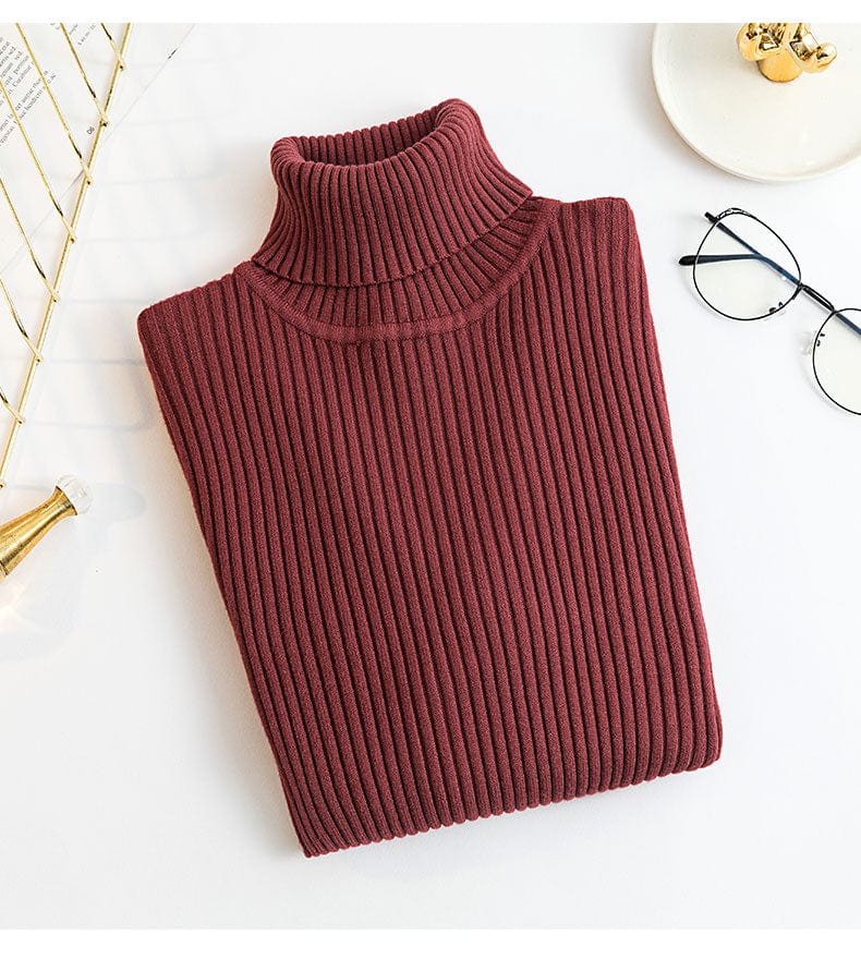 Free / Brick red New Spring Autumn Knit Long sleeve Turtleneck Pullover Solid Color High Neck Jumper Bottoming Shirt Knitted Sweaters T15501Y