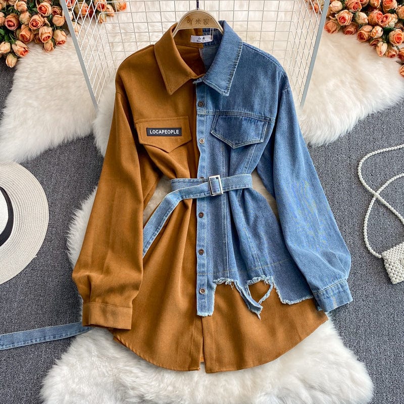 Free / Brown In Stock 2023 Hot Sale Splicing Lapel Dress New Design Patchwork Jacket Women Long Jeans Denim Top Shirt Ladies' Blouses Shirt
