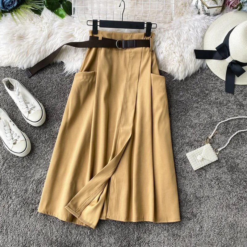 Free / Brown Khaki One size New High Waist Umbrella skirt Large Swing Long skirt  Irregular Loose A-line Half length Straight  skirt  +Belt