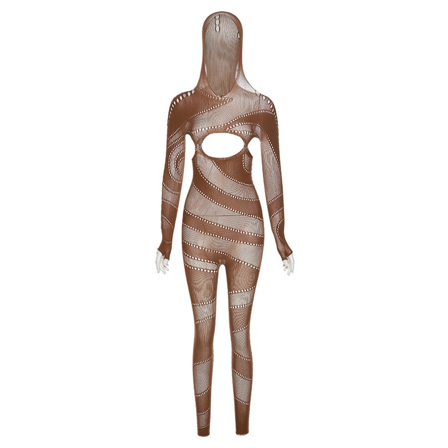 Free / Brown Kliou W22Q23279 women romper sexy night wear women clothing bodysuit one piece ladies jumpsuits see through long sleeve jumpsuit