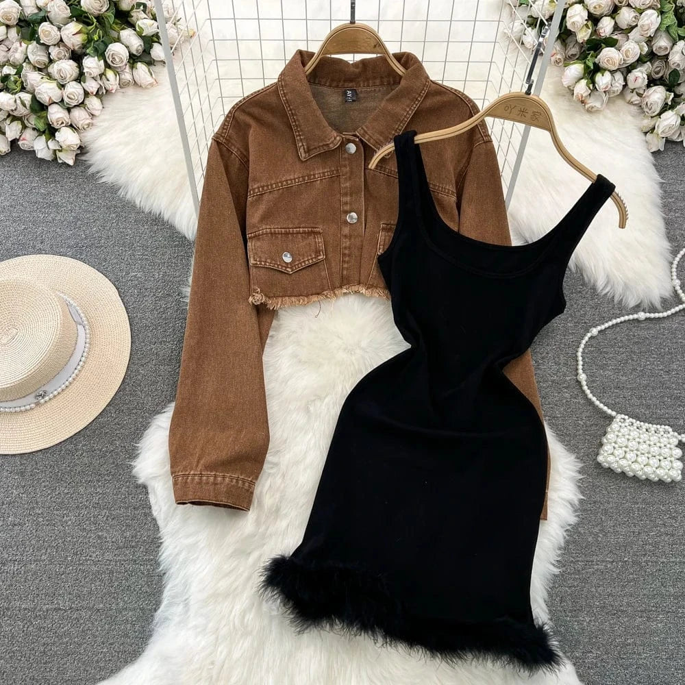 Free / Brown Women's Clothing 2024 Fashion Design Sense Hairy Dress New Denim Top Coat Fashion 2 Two-piece Dress