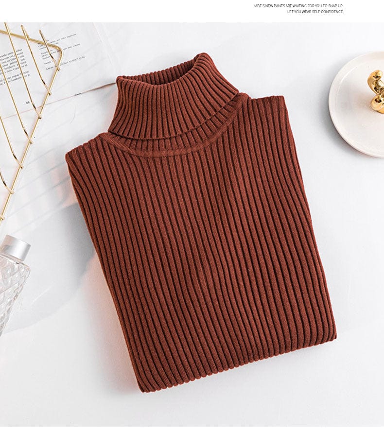 Free / Caramel New Spring Autumn Knit Long sleeve Turtleneck Pullover Solid Color High Neck Jumper Bottoming Shirt Knitted Sweaters T15501Y