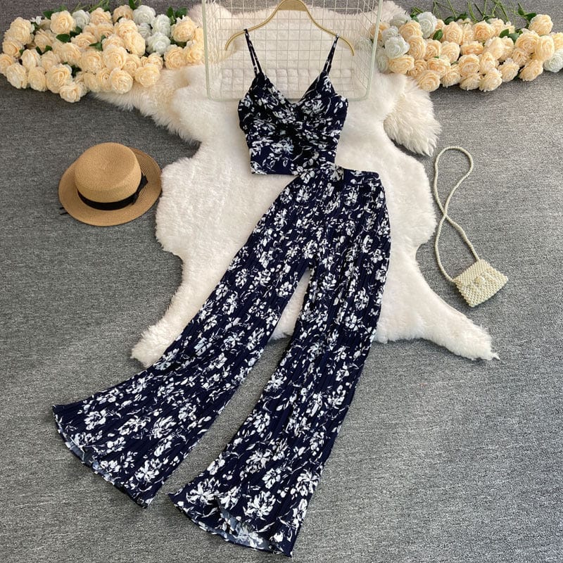 Free / Dark blue 2022 floral vacation set women summer tank top blouse sleeveless chiffon wide leg pants women sets two piece pants
