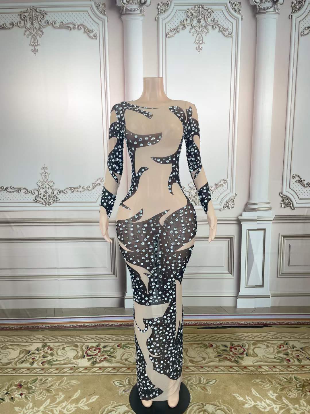 Free / DY1058 Light Yellow Designer Sparkly Crystal Rhinestone Long Sleeve Bodycon High Slit Long Maxi Dress Sheer Rhinestone Mesh Party Club Maxi Dress