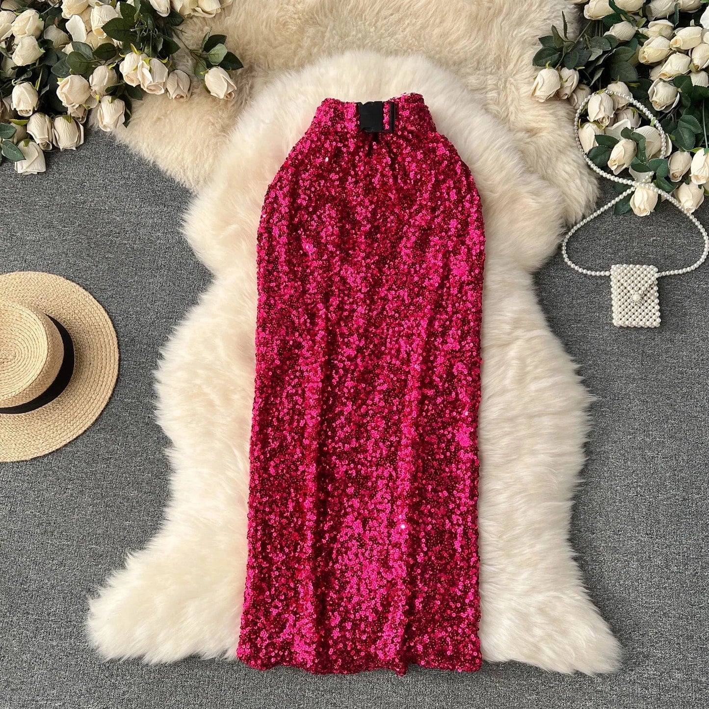 Free / Fuchsia Royal Sister Wears Women's Instagram High Quality Shining Skirt with Belt Slim Fit Full Length One Step Skirt