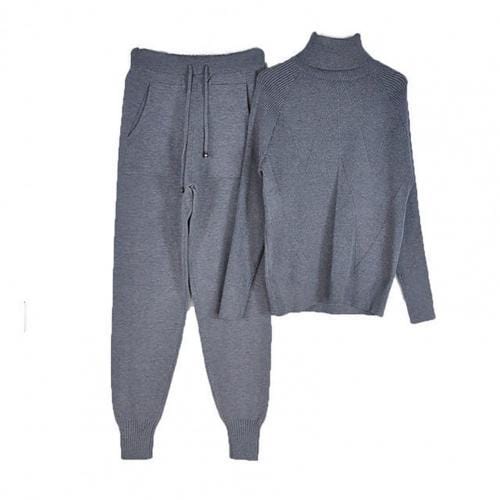 Free / Gray 10%OFF Autumn Winter Women's Knit tracksuit Solid Color Striped Turtleneck Sweater and Elastic Trousers Two Piece Set