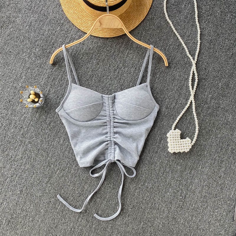 Free / Gray 2022 Amazon Top Seller Women Summer Simple spaghetti strap tank top Drawstring knit women y2k crop tops