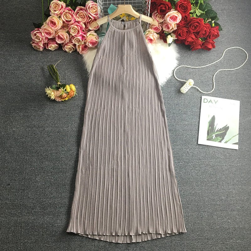 Free / Gray Coldker Holiday Beach Sleeveless Halter Dress Multicolor Pleated Design High Waist A Line Vestido Sexy O Neck Pullover Ropa