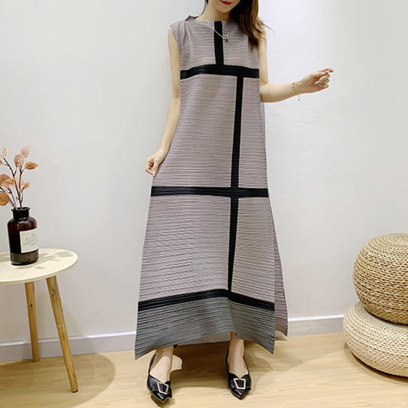 Free / Gray Getspring O Neck Sleeveless Casual Loose Oversized Spring New Ruched Patchwork Hit Color Dresses