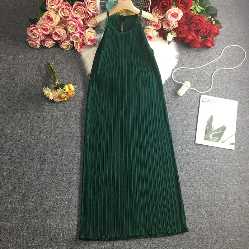 Free / green Coldker Holiday Beach Sleeveless Halter Dress Multicolor Pleated Design High Waist A Line Vestido Sexy O Neck Pullover Ropa