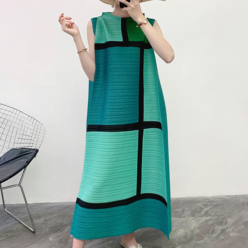 Free / Green Getspring O Neck Sleeveless Casual Loose Oversized Spring New Ruched Patchwork Hit Color Dresses