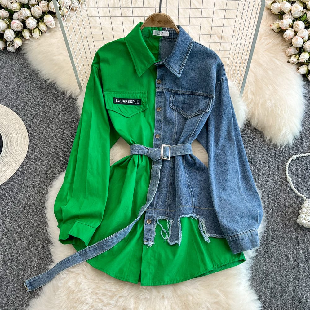 Free / green In Stock 2023 Hot Sale Splicing Lapel Dress New Design Patchwork Jacket Women Long Jeans Denim Top Shirt Ladies' Blouses Shirt