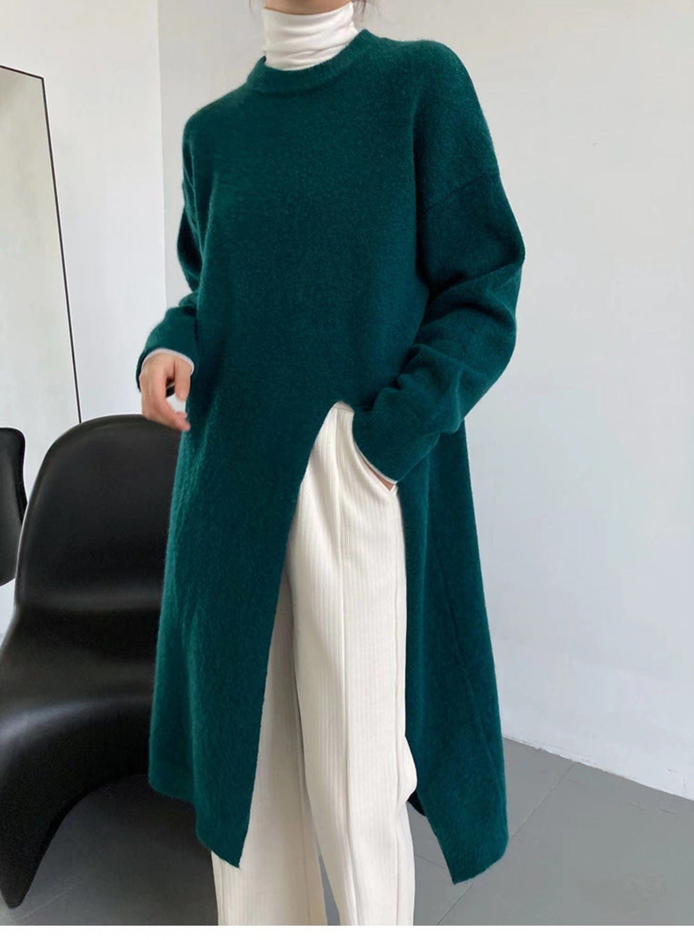 Free / green Latest Batwing Long Sleeve Sweater Dress Women Solid Size Slit Loose Clothing Fall Dresses Women French 2023