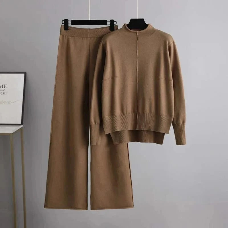 Free / Khaki IHOOV Knitted Sweater and Wide-Leg Pants Set for Women