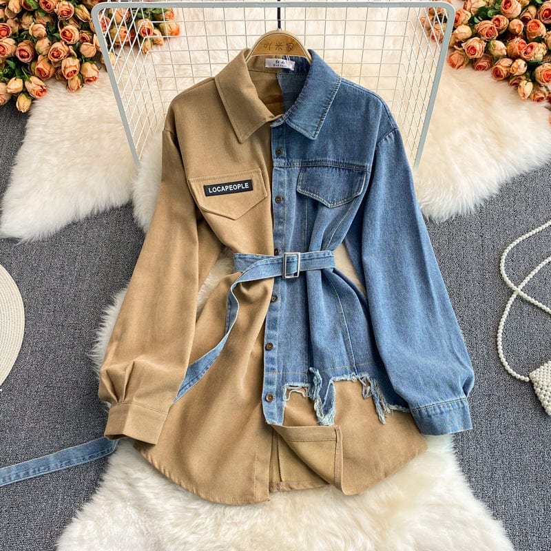 Free / Khaki In Stock 2023 Hot Sale Splicing Lapel Dress New Design Patchwork Jacket Women Long Jeans Denim Top Shirt Ladies' Blouses Shirt