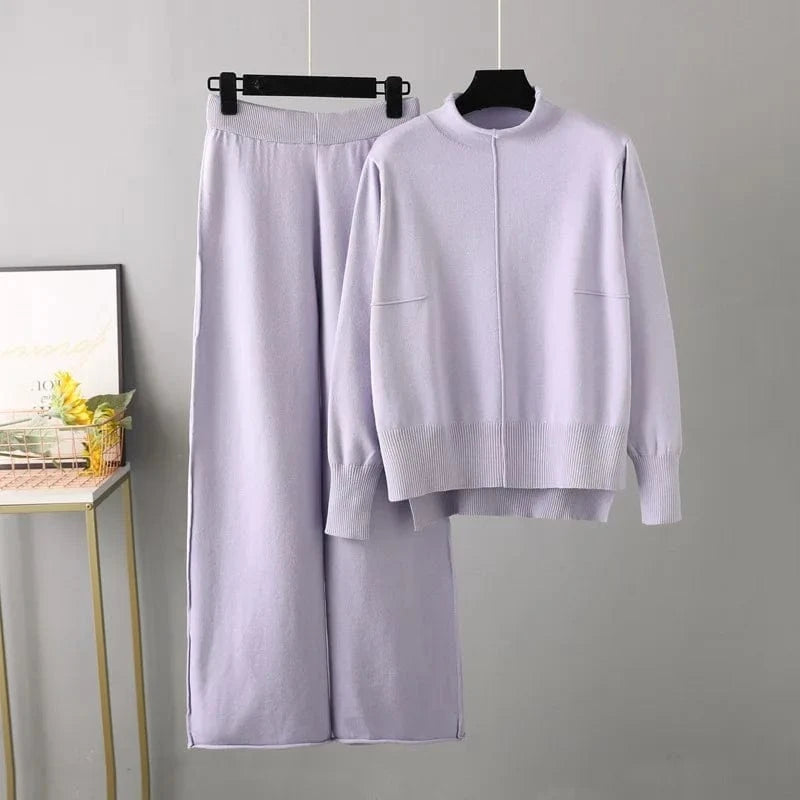 Free / Lavender IHOOV Knitted Sweater and Wide-Leg Pants Set for Women