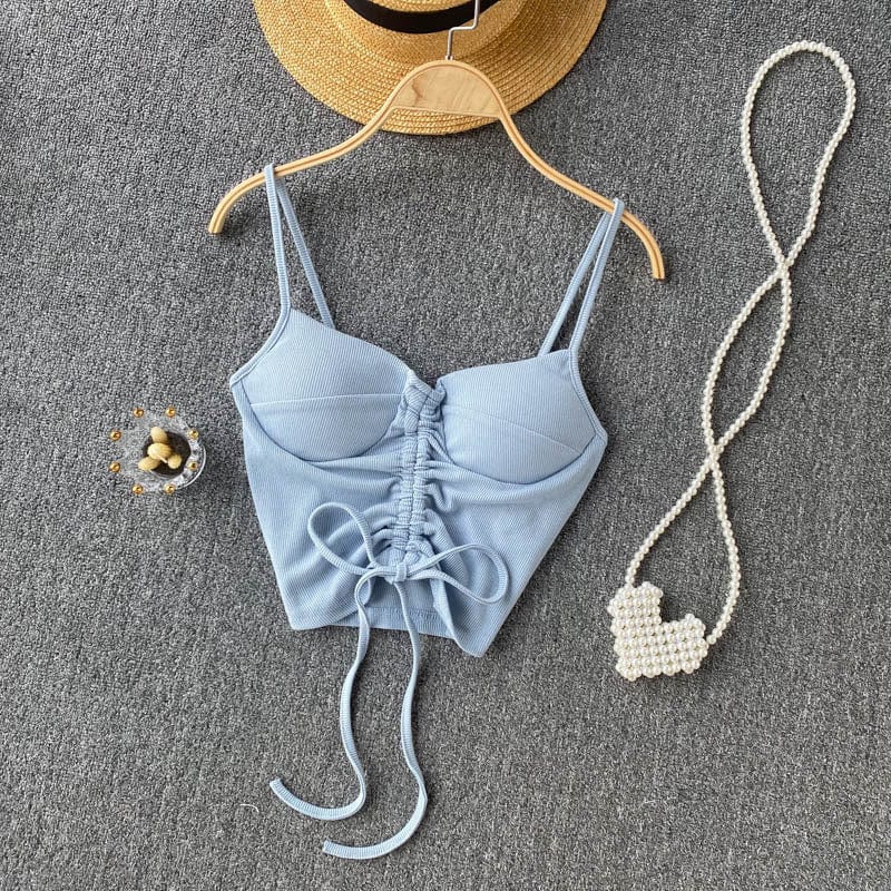 Free / Light Blue 2022 Amazon Top Seller Women Summer Simple spaghetti strap tank top Drawstring knit women y2k crop tops