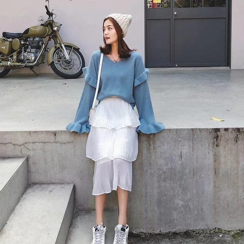 Free / Light Blue Hot Sale High Quality V-Neck Woman Loose Sweet Winter Thick Sweater Lady Knitting Pullover Fashion Jumpers For Spring