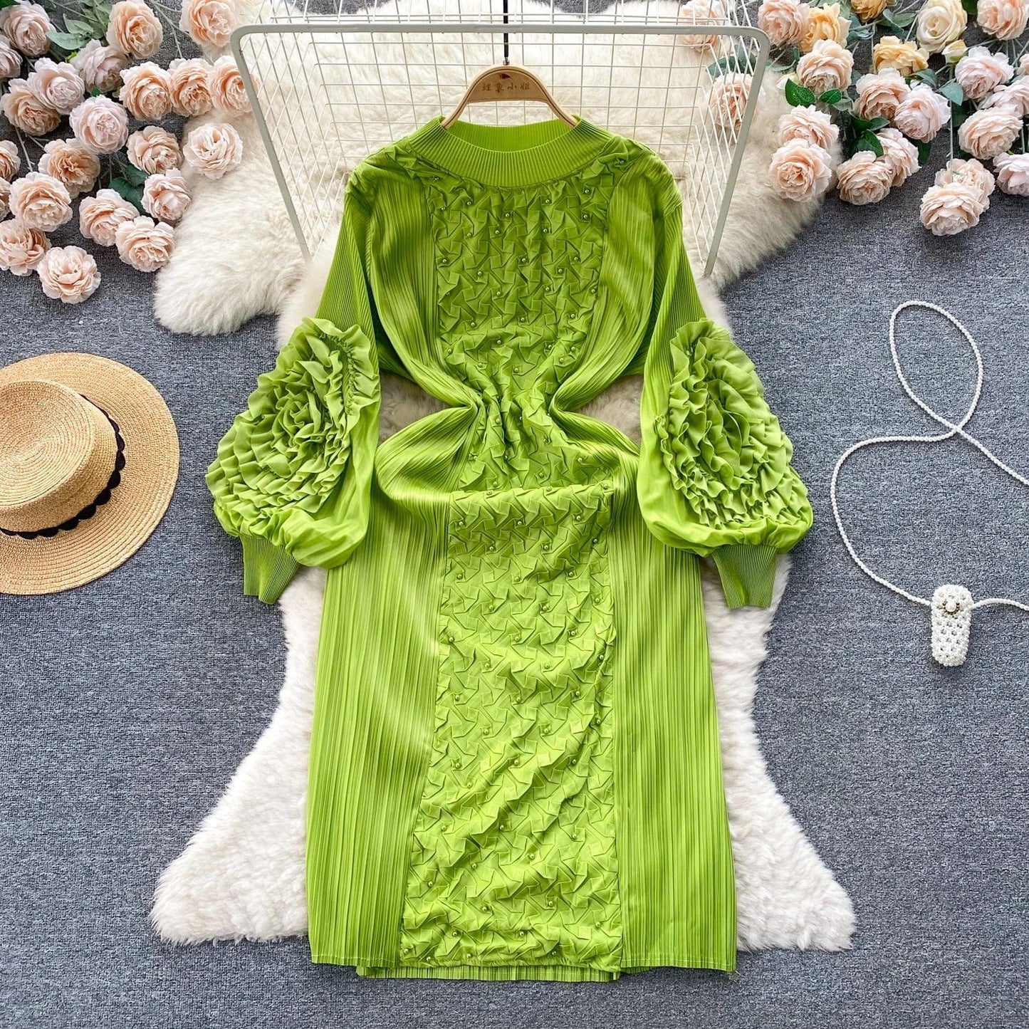 Free / light green Clothing 2024 Spring New Solid Color Embroidered Crew Neck Long Sleeve Elegant Loose Women's Dress