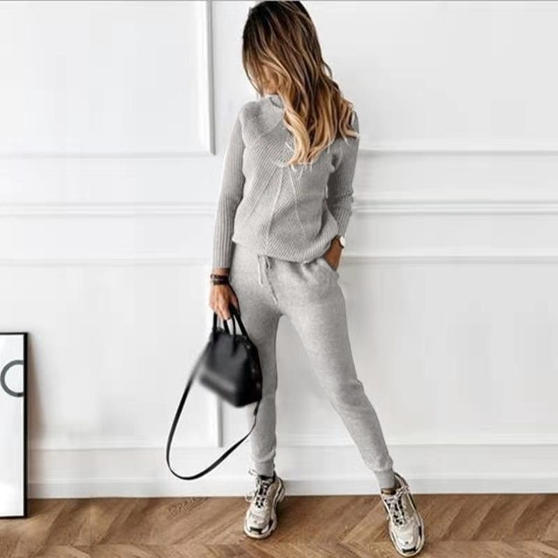 Free / Light grey 10%OFF Autumn Winter Women's Knit tracksuit Solid Color Striped Turtleneck Sweater and Elastic Trousers Two Piece Set