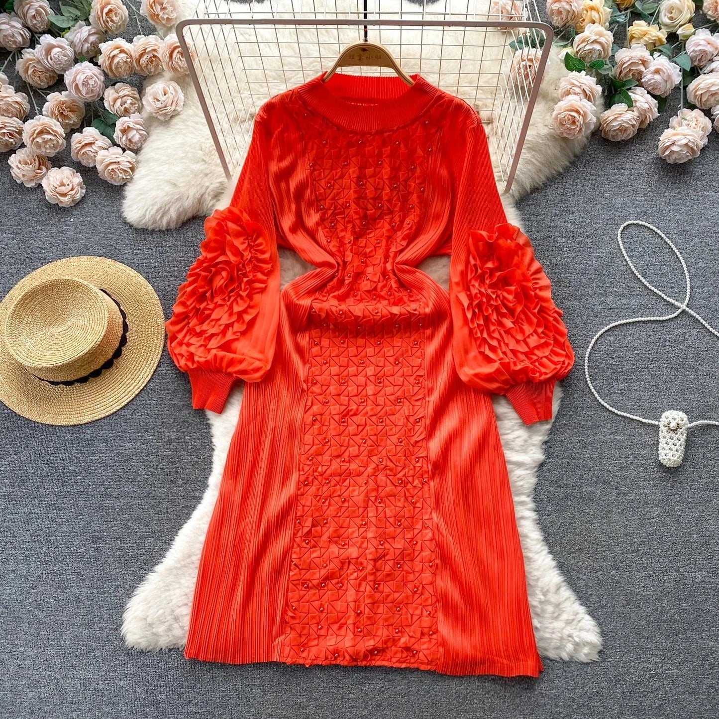 Free / Orange Clothing 2024 Spring New Solid Color Embroidered Crew Neck Long Sleeve Elegant Loose Women's Dress