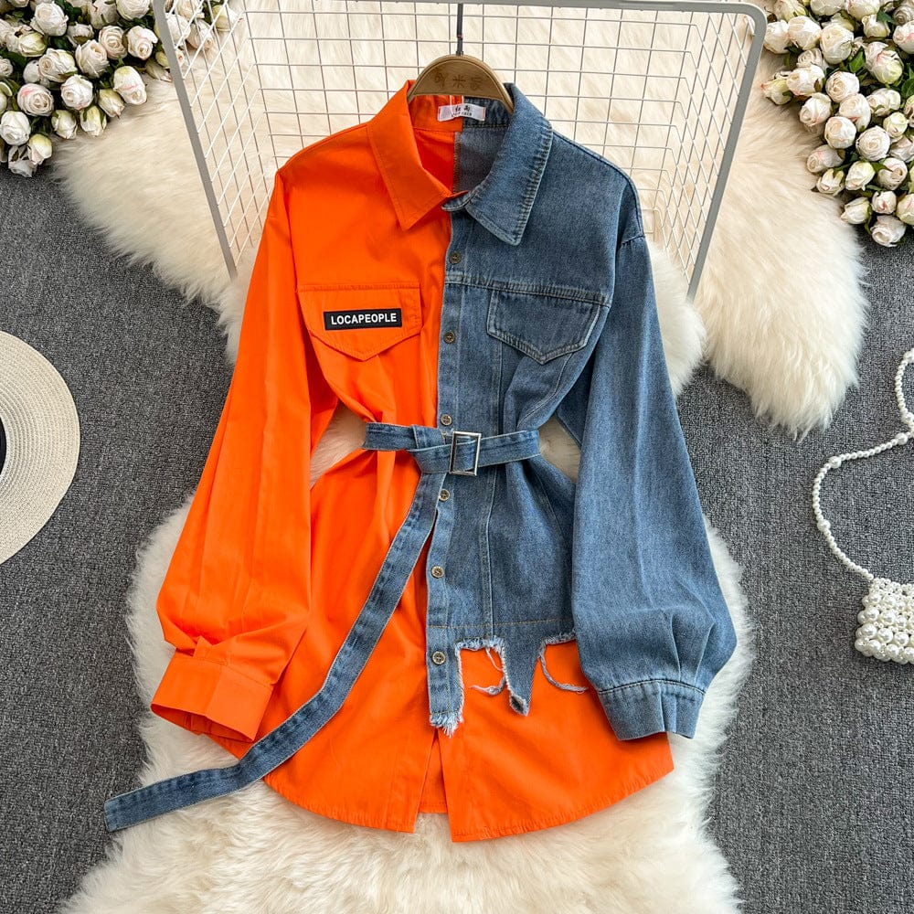 Free / Orange In Stock 2023 Hot Sale Splicing Lapel Dress New Design Patchwork Jacket Women Long Jeans Denim Top Shirt Ladies' Blouses Shirt