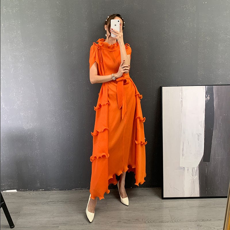 Free / Orange OUDINA New Clothes Loose Elegant Fungus Lace Belt Pleated Dress Vintage Women Casual Dresses