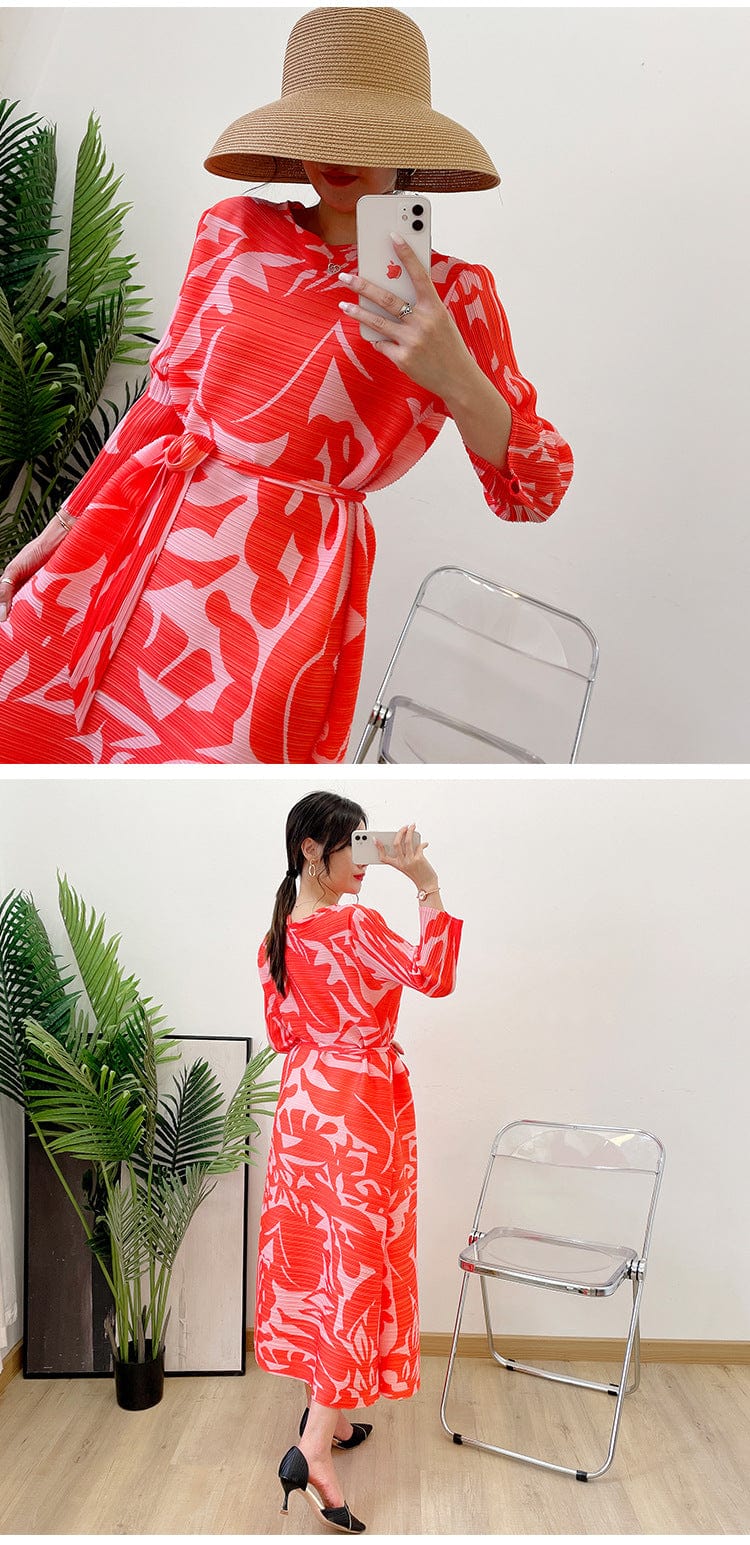 Free / Orange OUDINA Niche French Stretch Printed Casual Plus Size Elegant Evening Dresses Pleated Dress For Women