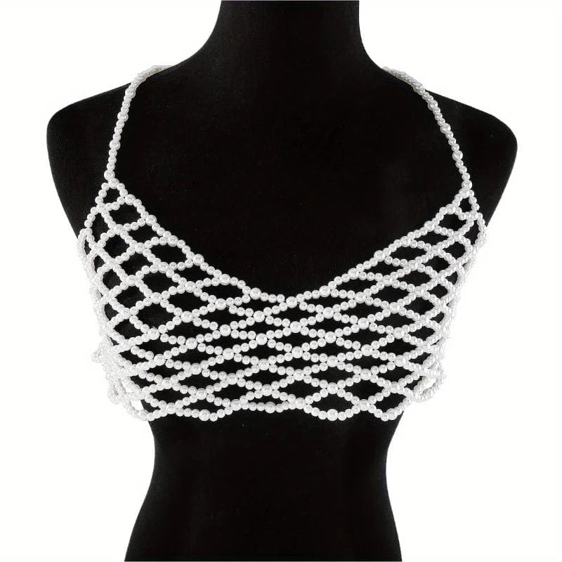 Free / Picture color Hollow Out Handmade Faux Pearls Beaded Chest Chain