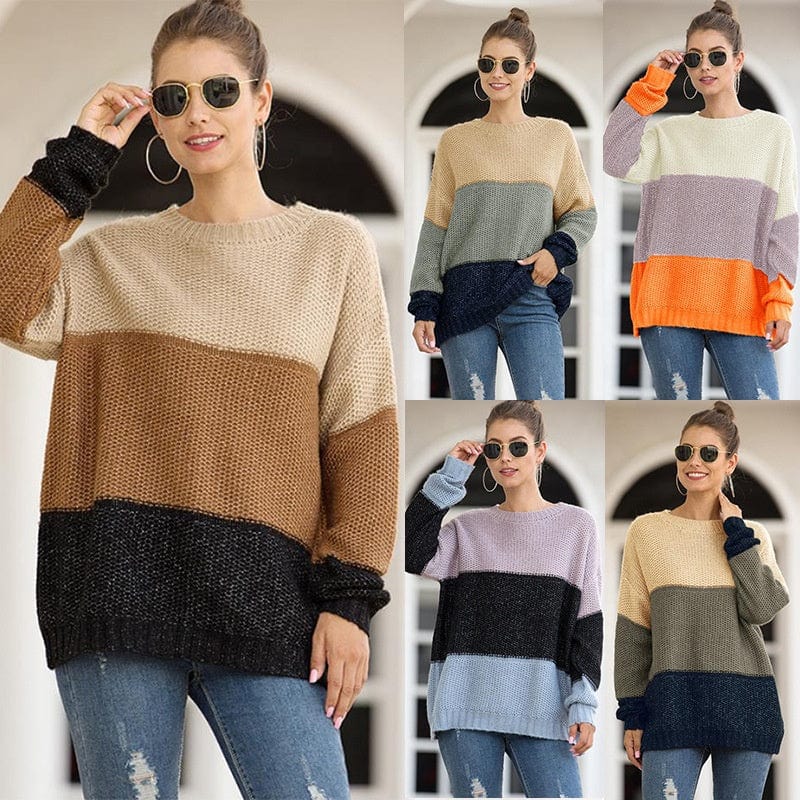 Free / picture color New Winter European And American Fashion Stripe To Spell Color Pullover Sweater Female Thick Thread Knitwear